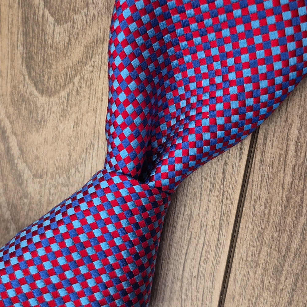 TED BAKER London Metallic Red Blue Woven Textured Plaid Pattern Silk Mens‎ Tie